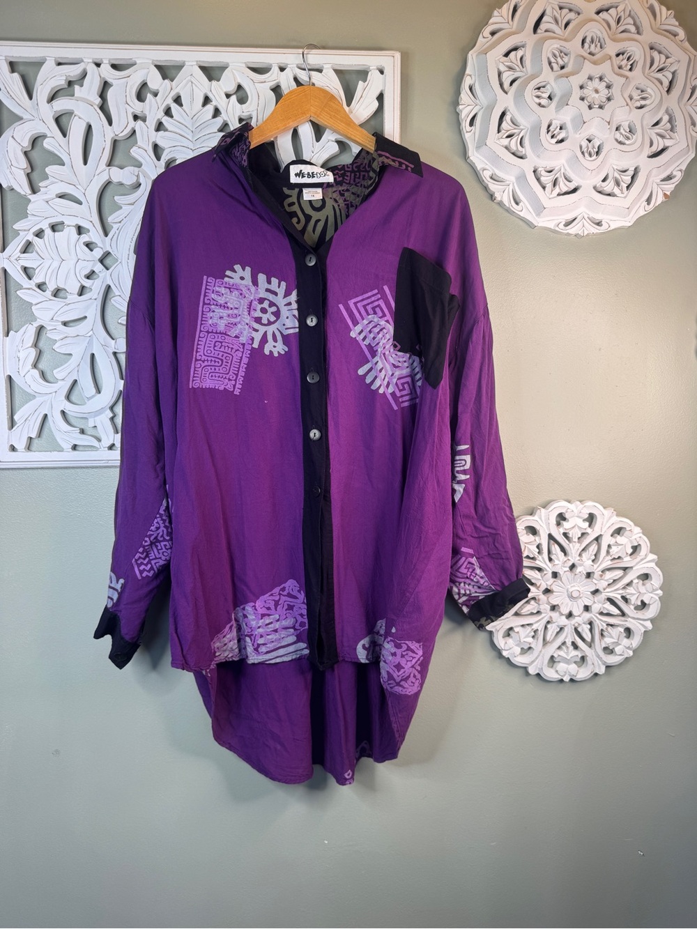 We Be Bop 1X Purple Batik Art to Wear Oversized Tunic Top flaw